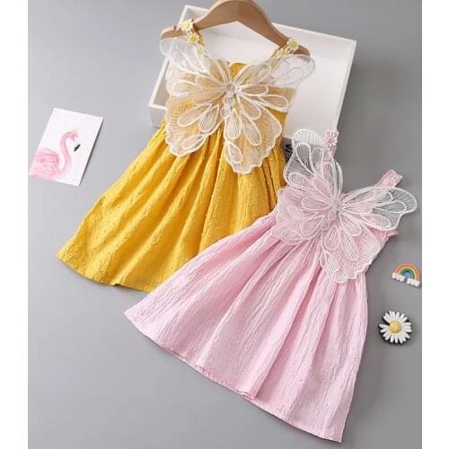 Summer Dress for Girls Solid Suspender Cross Children Clothes Cotton Cute Vestidos Kids 2-6T girls dress With Wing Pink