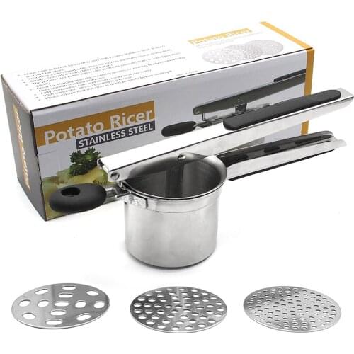 Stainless Steel Potato Mashers Ricers Manual Masher with 3 Interchangeable Discs for Kitchen Potatoes Fruits Vegetable Tools