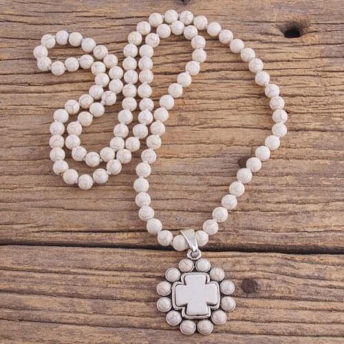 RH Fashion Bohemian Jewelry Accessory 8mm Stones Knotted With Stone Cross Pendant Necklaces For Women Boho Gift