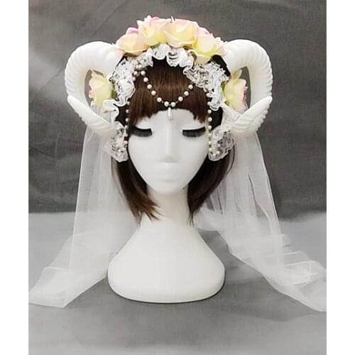 Handmade Lolita Fancy Dress Sheep Horns Headband With Rose Flowers Lace Veil Halloween Headwear Costume accessory Punk