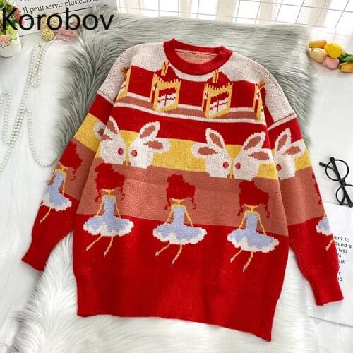 Korobov 2020 New Chic Korean Kawaii Sueter Mujer Vintage Preppy Style Cartoon Female Pullovers Autumn Winter Knit Jumper Femme
