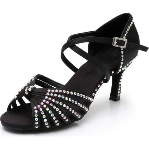 New Fashion Satin Rhinestone Latin dance shoes Professional Soft Sole Ballroom Dancing Shoe for Women Girls Ladies 4 Color A02DZ
