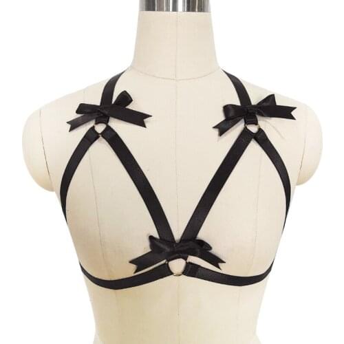 Original Design Black Bow Harness Bra Kawaii Open Chest Bondage Body Cage Pastel Gothic Body Harness Belt