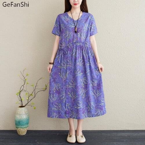 New Summer Short Sleeve Plus Size Cotton Linen Fashion Print V-neck Women Casual Loose Dress Elegant Ladies Beach Dresses