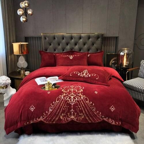 Luxury Wine Red Embroidery Velvet Flannel Fleece Bedding set Duvet Cover Bed Linen Fitted Sheet Pillowcases Queen King 4PCS