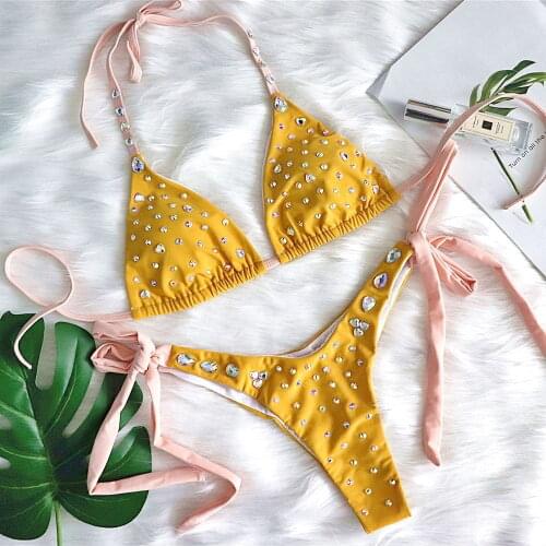 Sexy Diamond Bikini Solid Yellow Shiny Crystal Braizilian Swimwear Strappy Push Up Padded Bathing Suit Thong Swimsuit Biquini