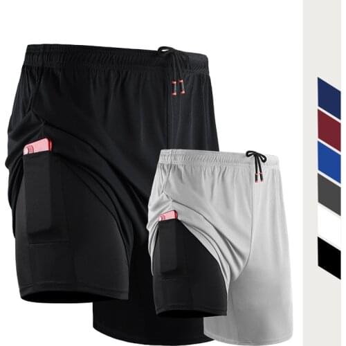 Men 2 In 1 Running Shorts Gym Jogging Fitness Training Quick Dry Beach Short Male Summer Sports Workout Pants with Pockets 2021