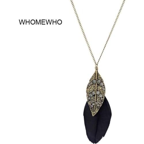 Vintage Long Chain Crystal Feather Black Leaf Pendant Necklace Bohemia Indian Gyspy Neck Jewelry Antique Gold Dress Accessory