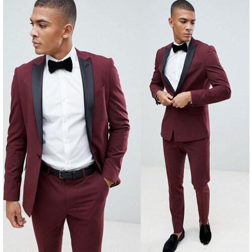 High Quality One Button Burgundy Groom Tuxedos Peak Lapel Groomsmen Men Blazers Suits (Jacket+Pants+Tie) NO:425