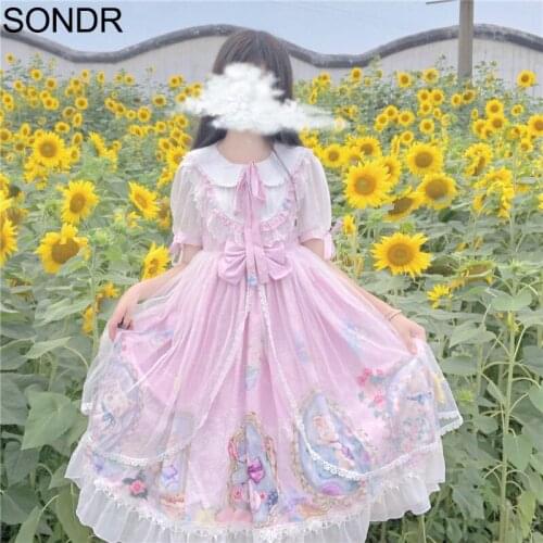Japanese Lolita Girl Short Sleeve Bowknot Lace Net Yarn Dress OP Kawaii Dream Cat Cute Lolita Sweet Pink Princess Dresses Women