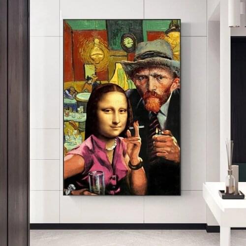 Funny Mona Lisa and Van Gogh Smoking Canvas Painting Abstract Modern Posters and Prints Wall Art Pictures for Living Room Decor