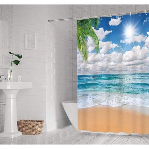 MTMETY Seaside Shower Curtains Coconut Tree Blue Sea Sky Island Bathroom Blue Curtains Waterproof With Hooks Polyester Fabric