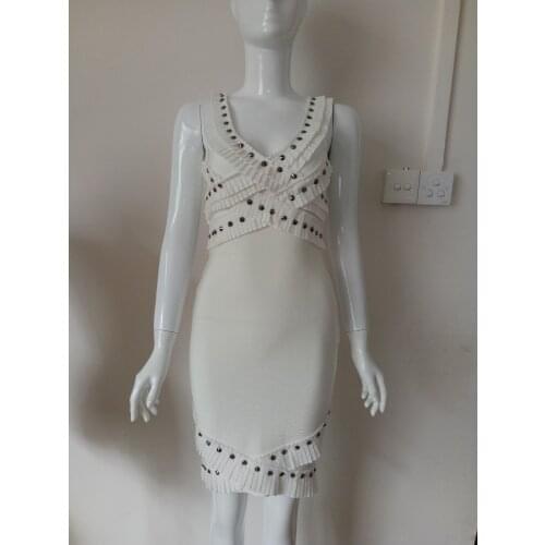 Women sexy bandage dress beading elegant white rayon fashion lady summer bodycon dress drop shipping