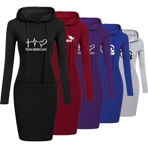 2021 Women Casual Printed Pencil Dress Hooded O-Neck Long/short Sleeve Letter Print High Waist Spring Autumn Slim Hips Dress