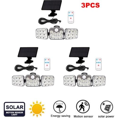 3pcs 138 led remote seperable Solar Powered Wall Light 3 Heads Rotating Motion Sensor Lamp Outdoor Courtyard Garden Road Roof Wa