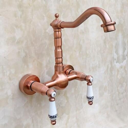 Antique Red Copper Wall Mount Kitchen Sink Faucet Swivel Spout Mixer Tap Dual Ceramics Handles Levers arg032