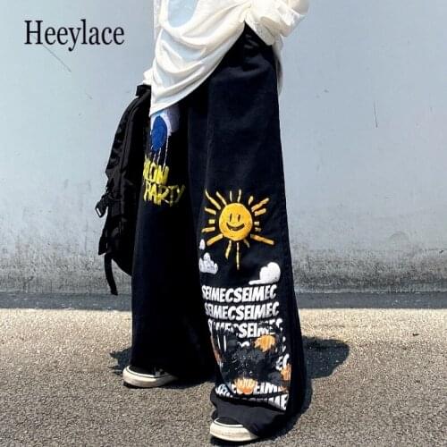 Harajuku Streetwear Graffiti Print Black Cargo Pants Women Hippie Korean Fashion Oversize Wide Leg Trousers For Female