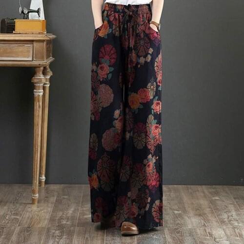 Bohemian Floral Printed Trousers ZANZEA Women Wide Leg Pants Elastic Waist Long Pantalon Turnip Palazzo Streetwear Plus Size