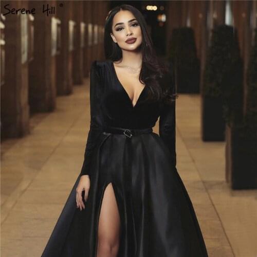 Black Velvet Deep V-Neck Sexy Evening Dresses Long Sleeves Simple Burgundy Evening Gowns 2020 Serene Hill BLA60706