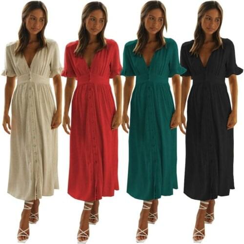 Long Skirt Sexy V Neck Solid Dress Women Summer Elegant Buttons Cotton Linen Ruffle Short Sleeve Casual Loose Midi Dress