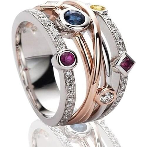 Two Tone Crystal Rings Fashion Colorful Cubic Zircon Female Jewelry Delicated Wedding Crystal Ring Stylish Jewelry Gift