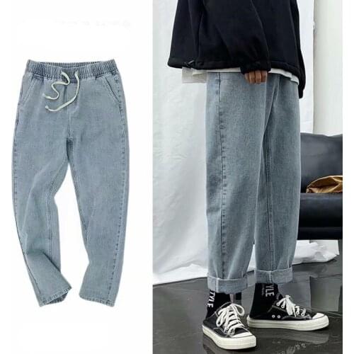 2021 Jeans Men Loose Straight Leg Pants Elastic Waist Teenager Casual Elastic Pants Mouth Kpop Clothes Hip Hop Wide Leg Retro