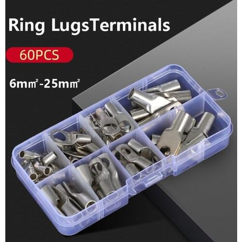 60PCS 6-25m㎡ Cable Battery Terminals Soldered Connectors Assortment Tinned Copper Lugs Ring Crimp Terminals Wire Crimp Connector