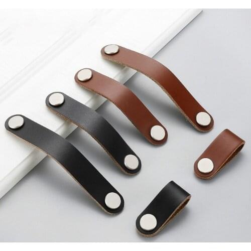 Leather Door Knobs and Handles for Cabinet Kitchen Cupboard Black Brown Furniture Handles Dresser Wardrobe Drawer Pulls