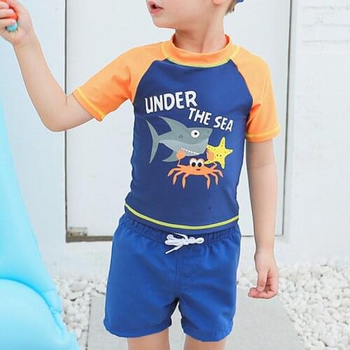 Boys Two Pieces Swimsuits Sun-proof Cartoon Shark Fish Kids Beach Bodysuit Short Top Baby Boy Swimwear Children Surfing Swimsuit