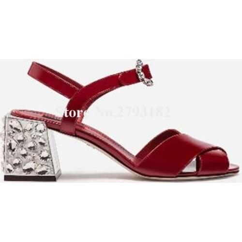 Top Brand Design Women Fashion Open Toe Chunky Rhinestone Heel Sandals Red Black Leather Buckles Thick High Heel Sandals Heels