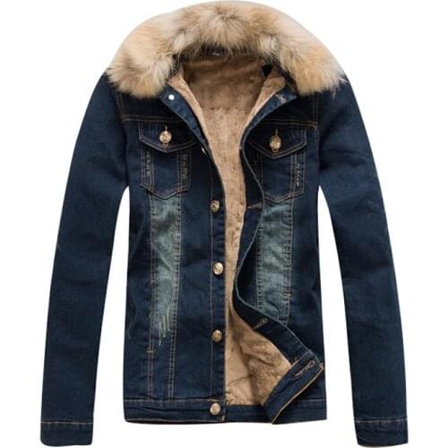 2021 Winter Mens Denim Jacket Mens Slim Thick Denim Jacket Plus Fluff Fur Collar Denim Coat Mens