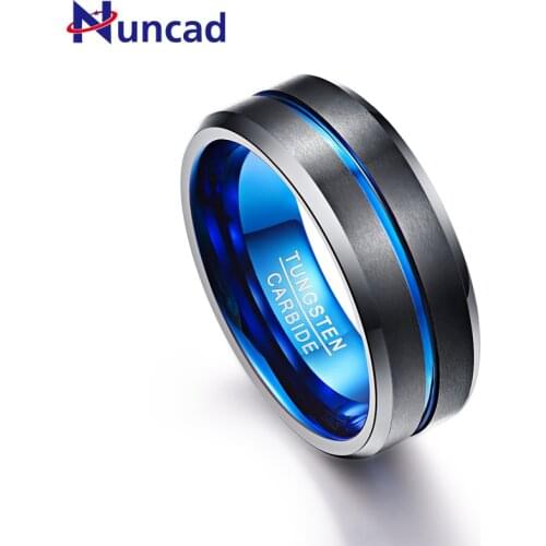 NUNCAD Mens 8mm Tungsten Carbide Ring Blue & Black Matte Finish Beveled Edge Wedding Band Size 4 to 17