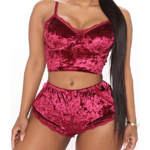 FUFUCAILLM Women Two-pieces Pajama Sets Sexy Velvet Solid Color Sleeping Wear Sleeveless Tops + Shorts Homewear Lenceria