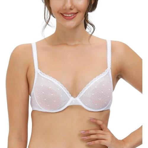 Pure White Perspective Dot Lace Thin Mesh Women Bras Unlined Wire Bone See Through Gauze Plus Size Transparent Dropshipping