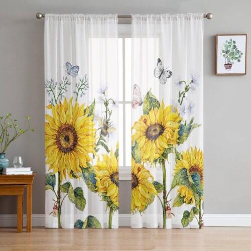 Sunflower Flower Butterfly White Sheer Curtains for Living Room Bedroom Kitchen Tulle for Windows Voile Drapes Home Decoration