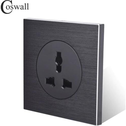 Coswall Luxurious Black Aluminum Panel 13A Universal Wall Power Socket Outlet Grounded With Child Protective Lock