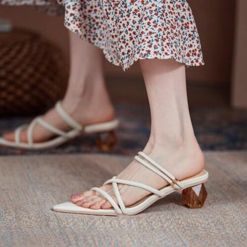 Pointed Toe Trendy Ankle Strap Leather Sandals Fashion Nightclub Elegant High Heels Transparent Crystal Heel Striped Strap Shoes