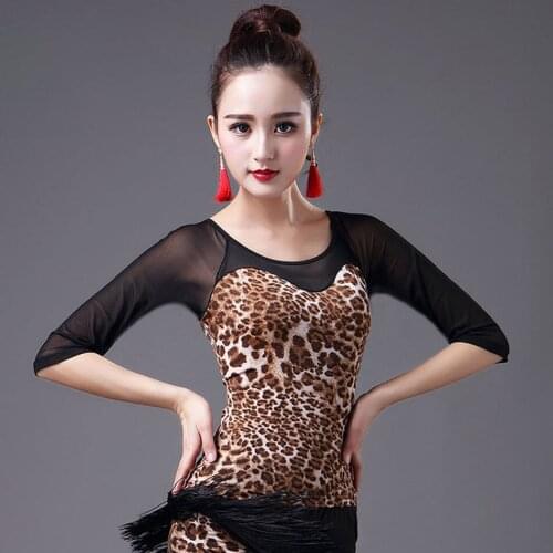 Autumn Half Sleeves Women Voile Leopard Latin Dance Tops Ballroom Dancing Costume Clothing Tango Chacha Dancing Practice 10716