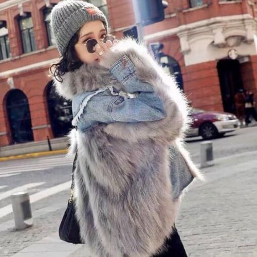 2021 Winter Women Fashion Long Sleeve Denim Patchwork Coats Female Faux Fur Jackets Ladies Thicken Warm Loose Overcoats T716