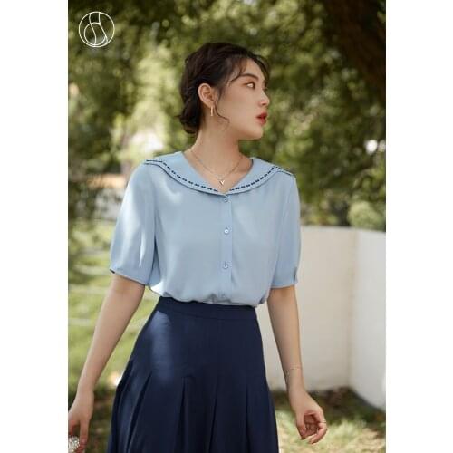 DUSHU Office Lady Loose Womens French Doll Collar Embroidered Shirt Summer 2021 New Commuter V-neck Shirt Womens Tops