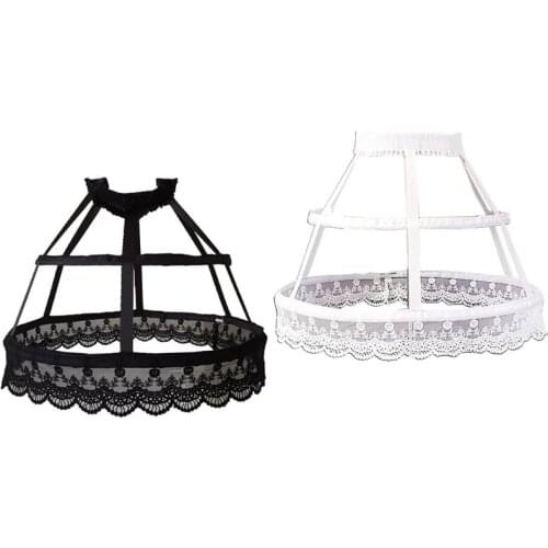 Women Victorian Petticoat 2 Hoops Crinoline Lolita Fishbone Hollow Bird Cage Skirt Embroidery Floral Lace Underskirt