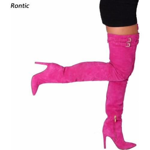 Rontic Women Winter Thigh Boots Faux Suede Buckle Strap Sexy Stiletto Heels Pointed Toe Boutique Pink Party Shoes US Size 5-15