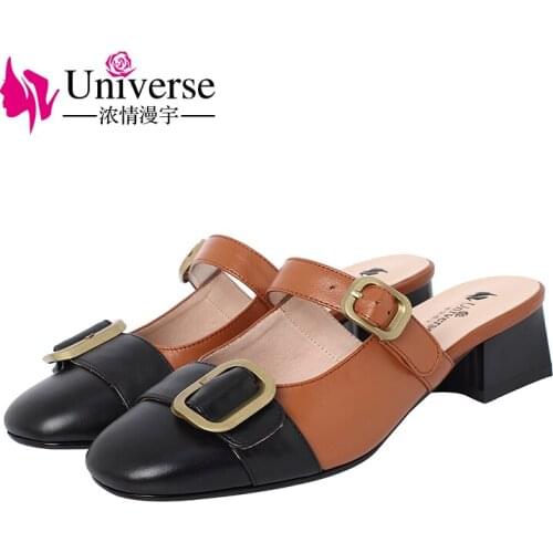 Universe M014 New Arrival Mary Jane Slingback Buckle Strap Cow Button Round Toe Contrast Color Ladies Sweet Mules Women Shoes