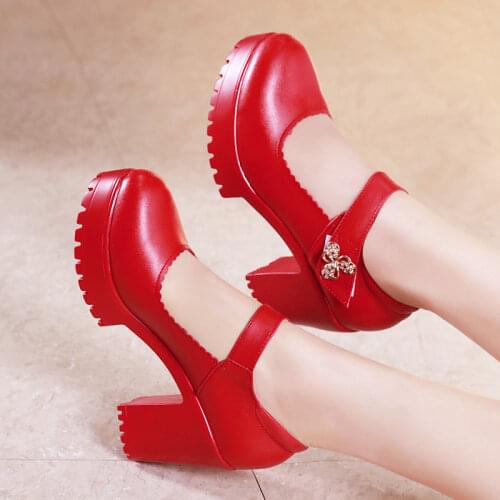 White Black Red Silver Block Heels Platform Pumps Women Wedding Shoes 2021 Rhinestone Square Heel Office Shoes Woman Footwear