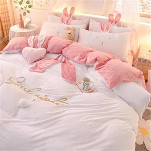 Luxury Fleece Velvet Lovely Rabbit Ears Bedding Set Warm Flannel Duvet Cover Sets Pillowcases Bed Sheet Twin Queen King size