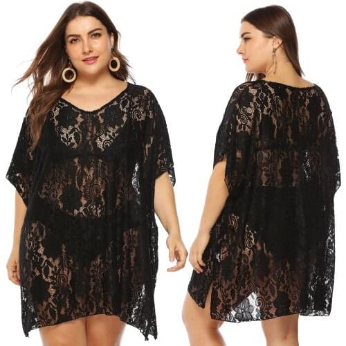 2021 new summer plus size dress for women large loose transparent hollow out sexy thin lace dresses black 4XL 5XL 6XL 7XL FT591
