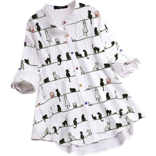 Blouses And Shirts For Ladies Casual Cat Print Long Sleeve O-neck Button Loose Shirt Top Loose Korean Oversized Vintage Blouse