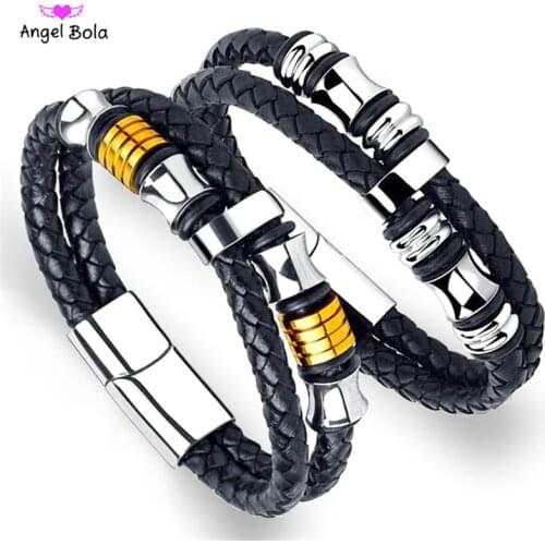 Mens Black Cow Genuine Leather Wrap Buddha Bracelet Titanium Stainless Steel Magnetic Rope Chain Male Charm Bracelet For Men