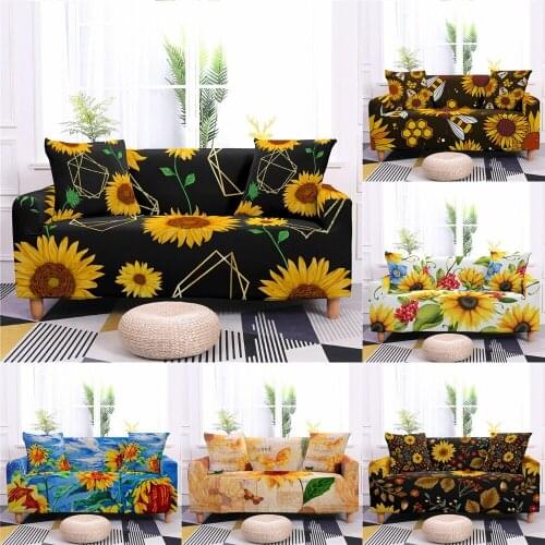 Retro Yellow Sunflower Elastic Sofa Cover For Living Room Stretch Couch Slipcovers Corner Flower Leaf Couch Cover 1/2/3/4 Seater