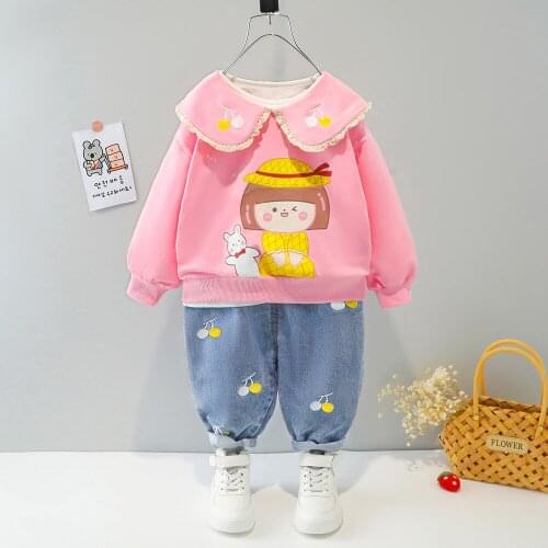 Childrens autumn Korean suit girls cartoon long-sleeved lace round neck blouse + jeans two-piece female baby autumn suit childr
